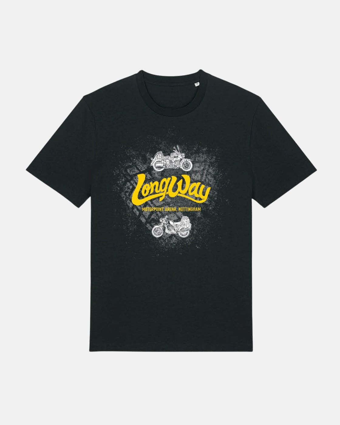 The Long Way Shops Long Way Chat T-Shirt is a black tee with a distressed graphic of two white motorcycles and Long Way in bold yellow script, plus smaller white text, centered on the chest.