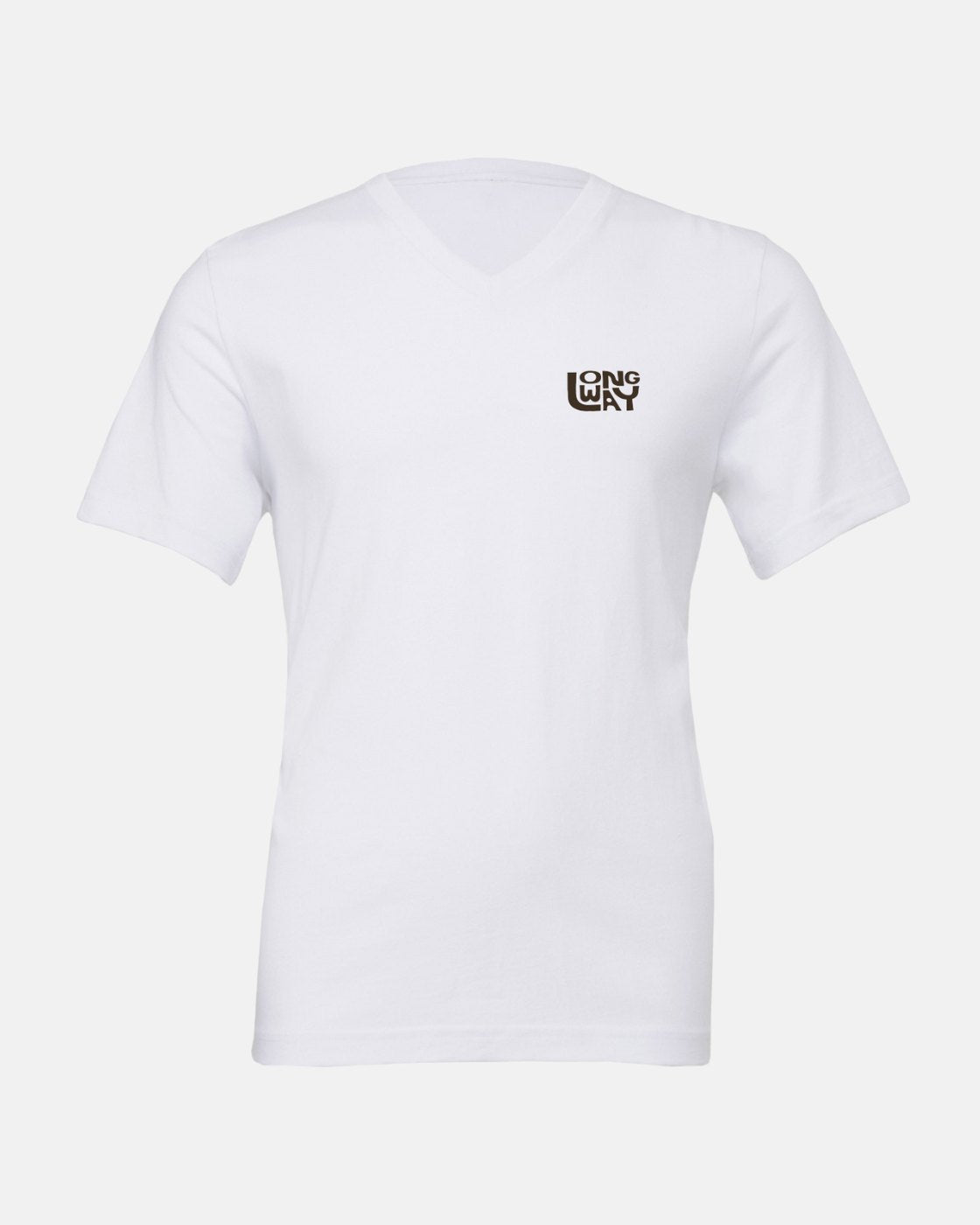 The Long Way Sun Mountain V-Neck T-shirt from Long Way Shop is a white short-sleeve cotton tee with a small black LONG WAY logo on the left chest, offering a lightweight, breathable fit.