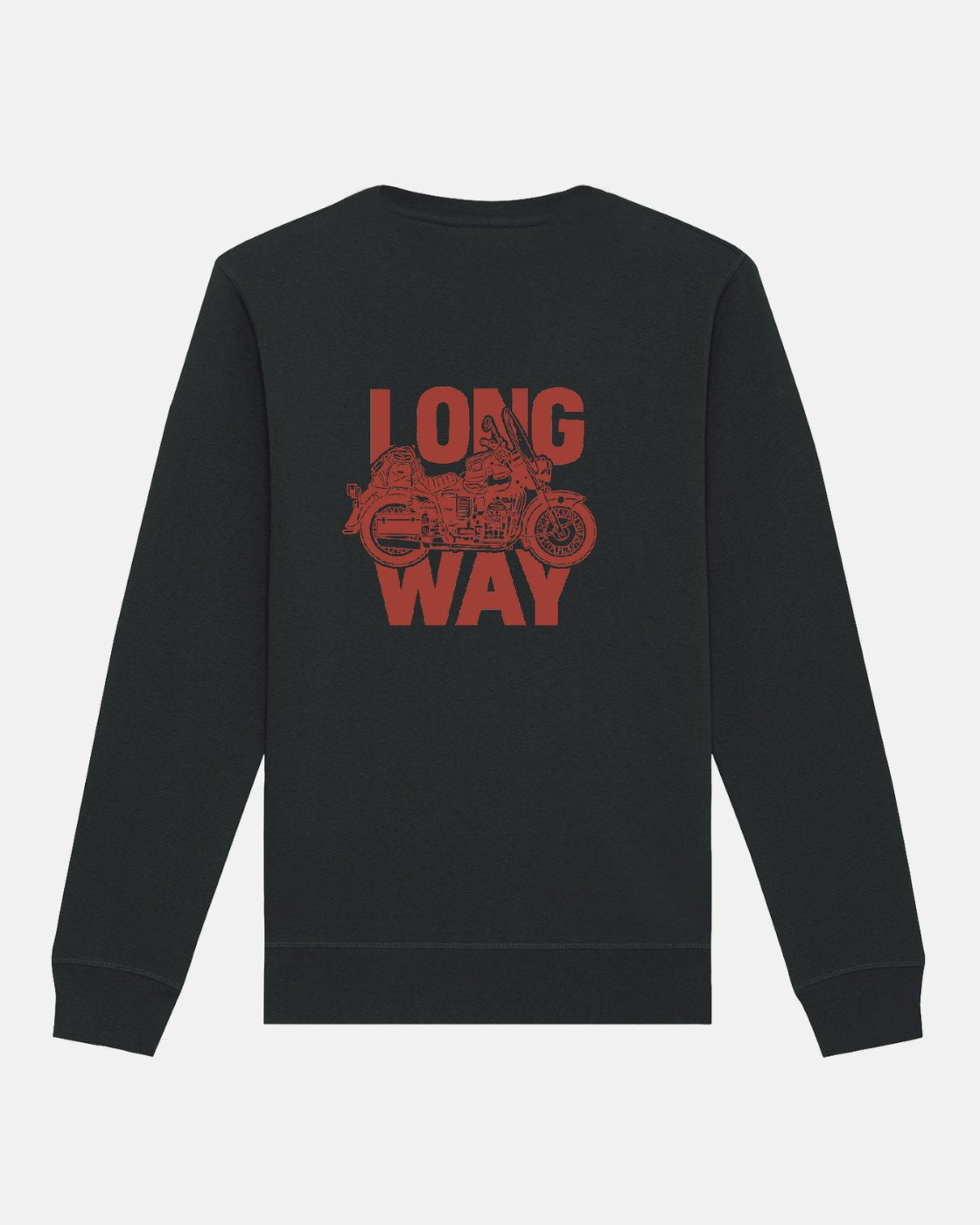 The Long Way Shop’s Long Way Bike Black Sweatshirt showcases a bold red motorcycle graphic and text on the back, crafted from soft organic cotton for comfort and sustainability.
