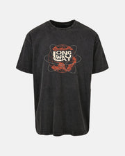 The Long Way Globe Black Acid Washed Heavy Oversized T-Shirt from Long Way Shop features a retro red globe with atomic orbits and bold cream LONG WAY lettering on the chest.