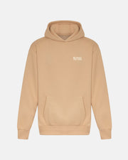 The Long Way Globe Sand Hoodie by Long Way Shop is a beige heavyweight hoodie with a front kangaroo pocket and subtle white LONG body brand. text on the left chest, displayed on a plain white background.
