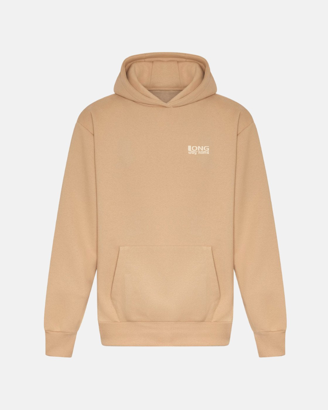 The Long Way Globe Sand Hoodie by Long Way Shop is a beige heavyweight hoodie with a front kangaroo pocket and subtle white LONG body brand. text on the left chest, displayed on a plain white background.
