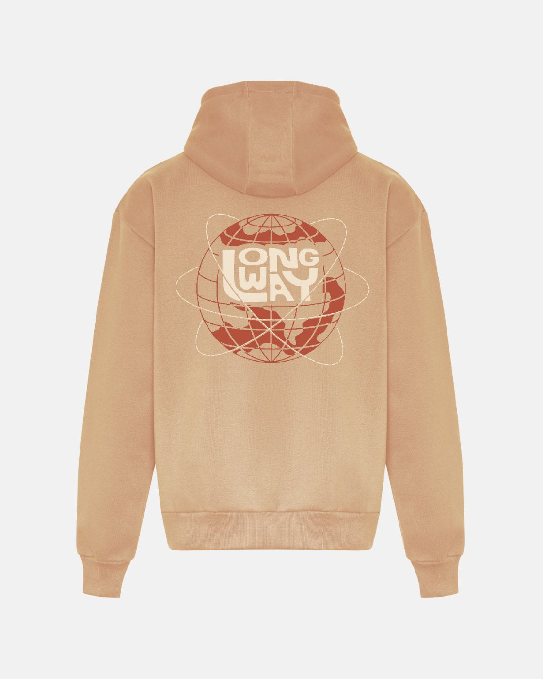 The Long Way Globe Sand Hoodie by Long Way Shop is a beige heavyweight hoodie with a hood and back graphic showing a stylized globe, atomic orbits, and bold white LONG WAY text.