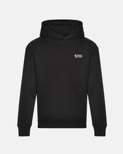 The Long Way Globe Black Hoodie by Long Way Shop is a heavyweight, sustainable black hoodie featuring a front pocket and small white LONG STORY SHORT text and logo on the left chest.