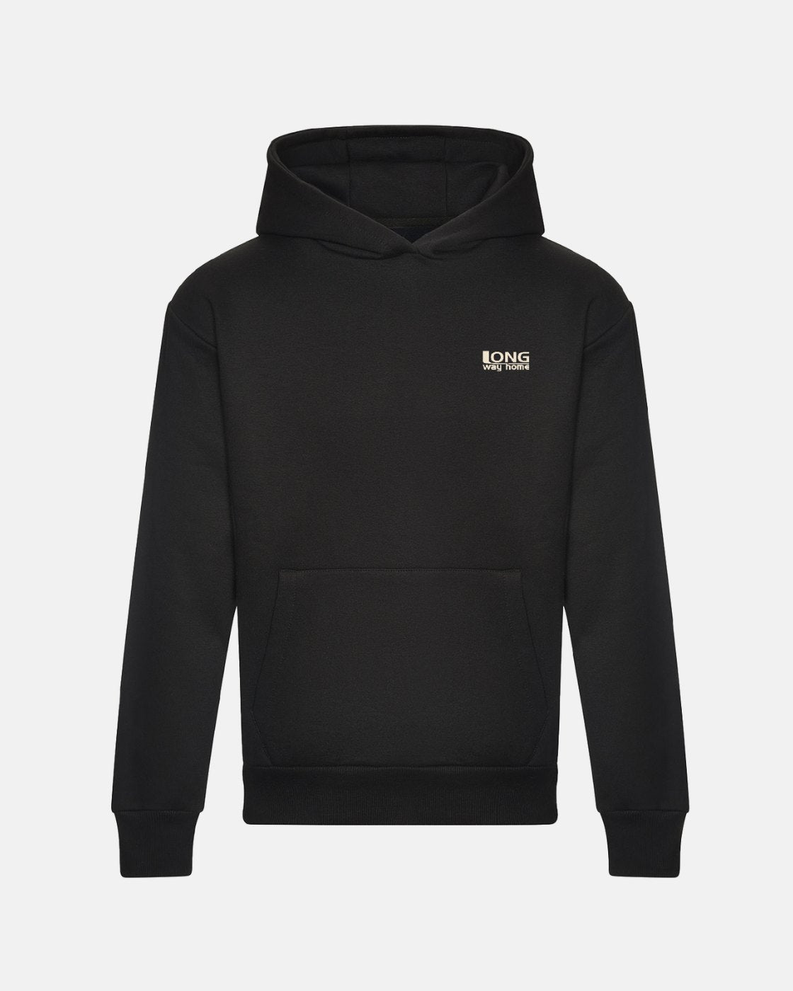 The Long Way Globe Black Hoodie by Long Way Shop is a heavyweight, sustainable black hoodie featuring a front pocket and small white LONG STORY SHORT text and logo on the left chest.
