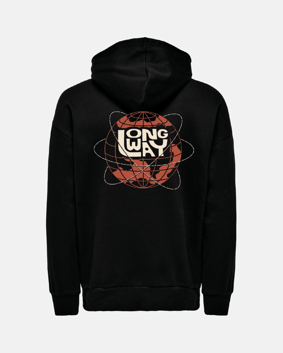 The Long Way Shop’s Long Way Globe Black Hoodie features a heavyweight black design with a bold “LONG WAY” graphic, stylized globe, and intersecting curved lines on the back—combining standout style and comfort.