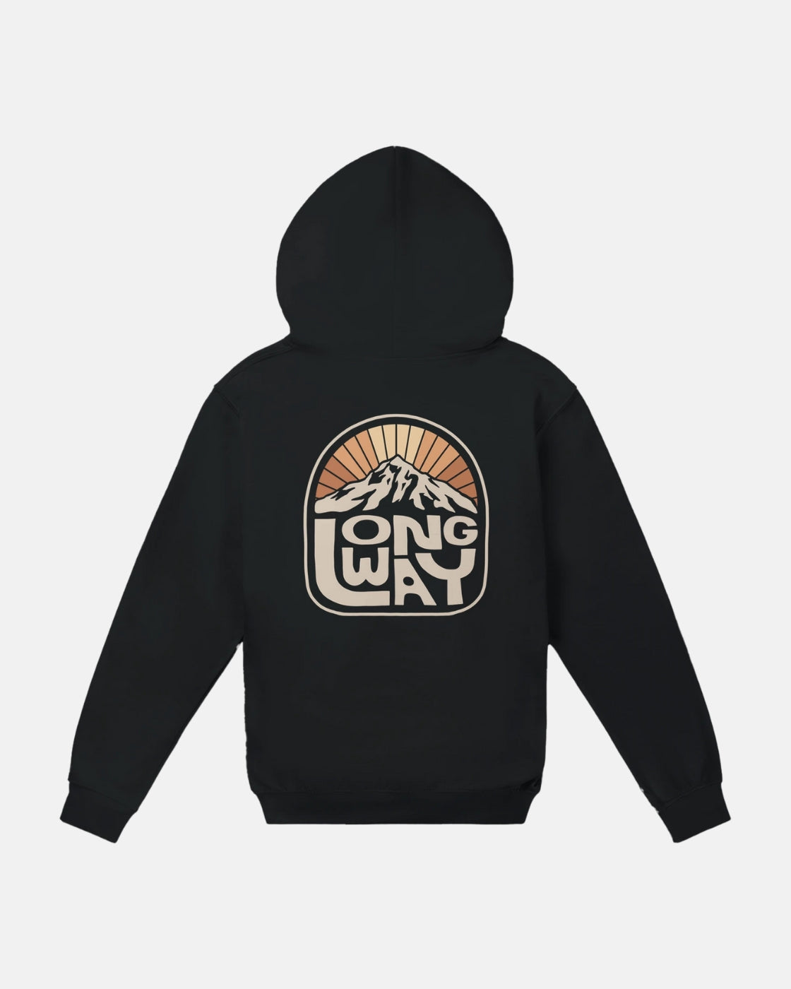 The Long Way Sun Mountain Zip Hoodie from Long Way Shop features a relaxed fit and a back graphic with stylized mountains, a rising sun, and "LONG WAY" boldly printed beneath the illustration.