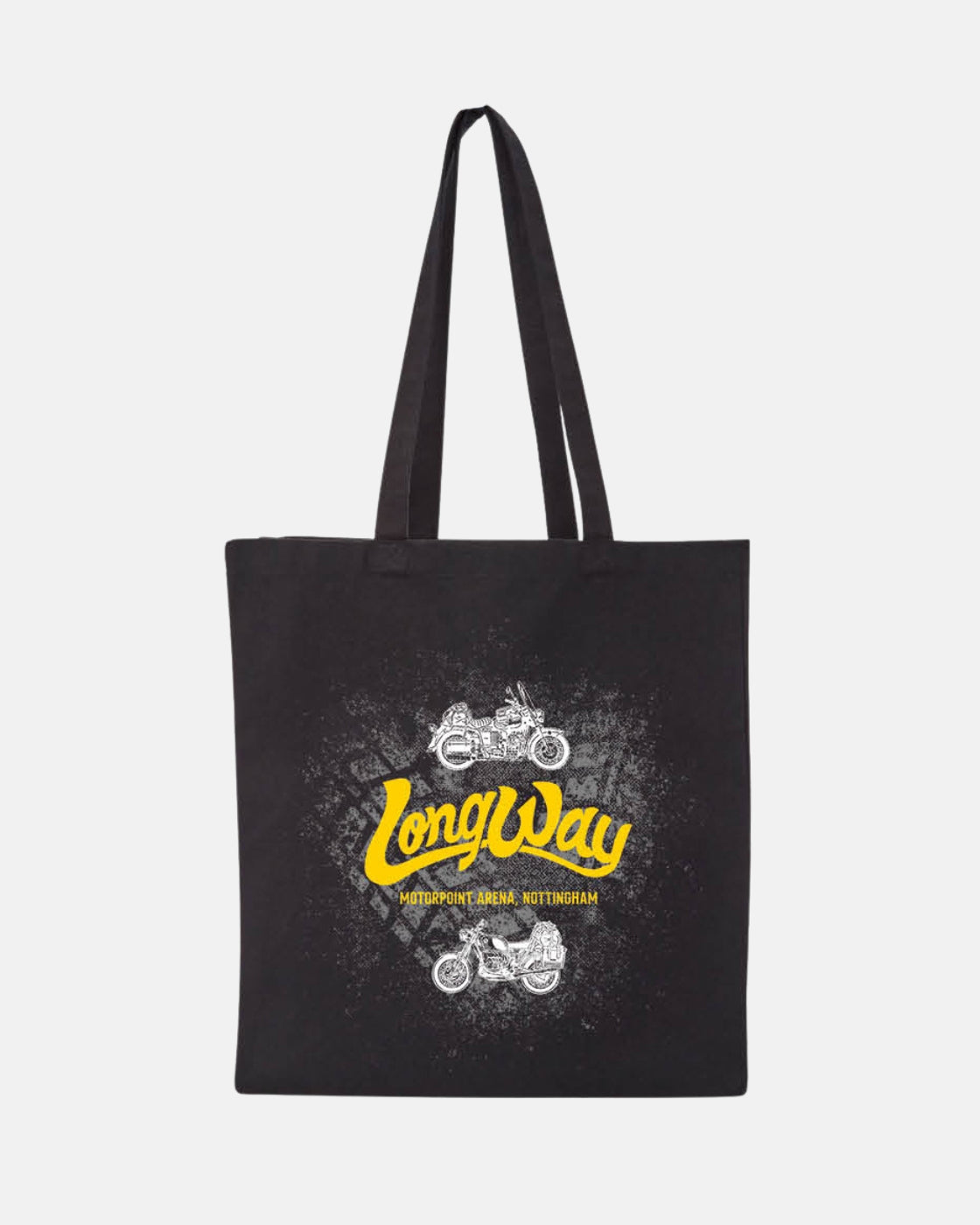 The Long Way Shop’s Long Way Chat Tote Bag features LongWay in bold yellow script, two motorcycle illustrations, and Motorpoint Arena, Nottingham in smaller text on a black background.