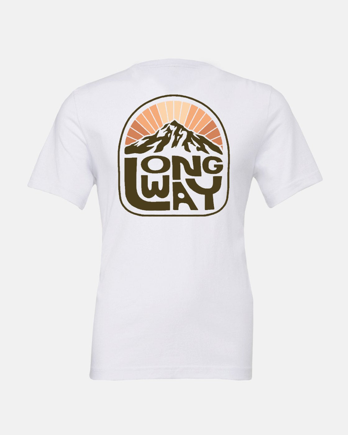 The Long Way Sun Mountain V-Neck T-shirt from Long Way Shop features a back graphic with a mountain, rising sun, and LONG WAY text. Made from premium cotton, it offers a lightweight and breathable feel.