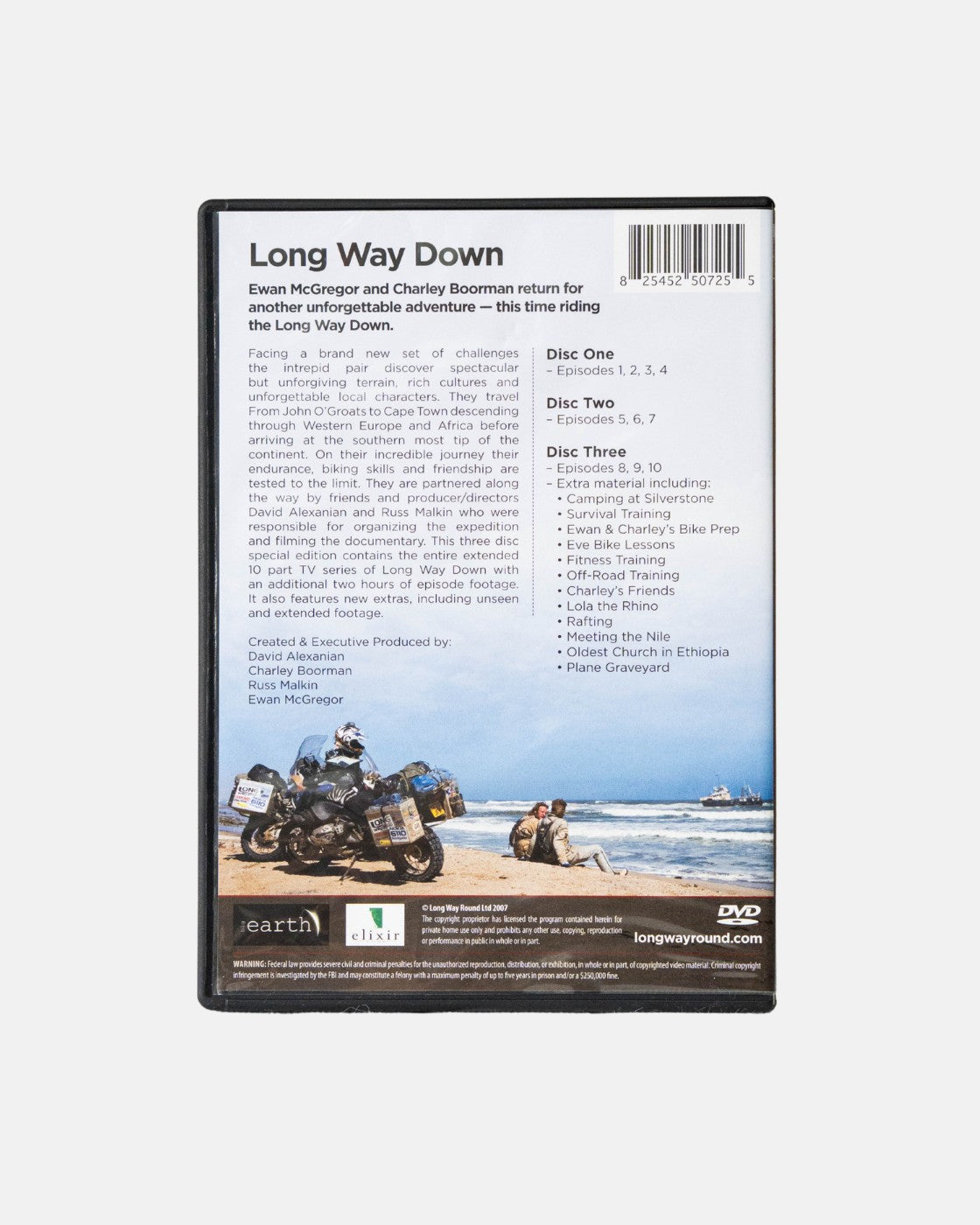 The Long Way Shop’s Long Way Down DVD back cover shows two riders on loaded bikes by water and lists the show overview, episodes, extra features, and production credits above.