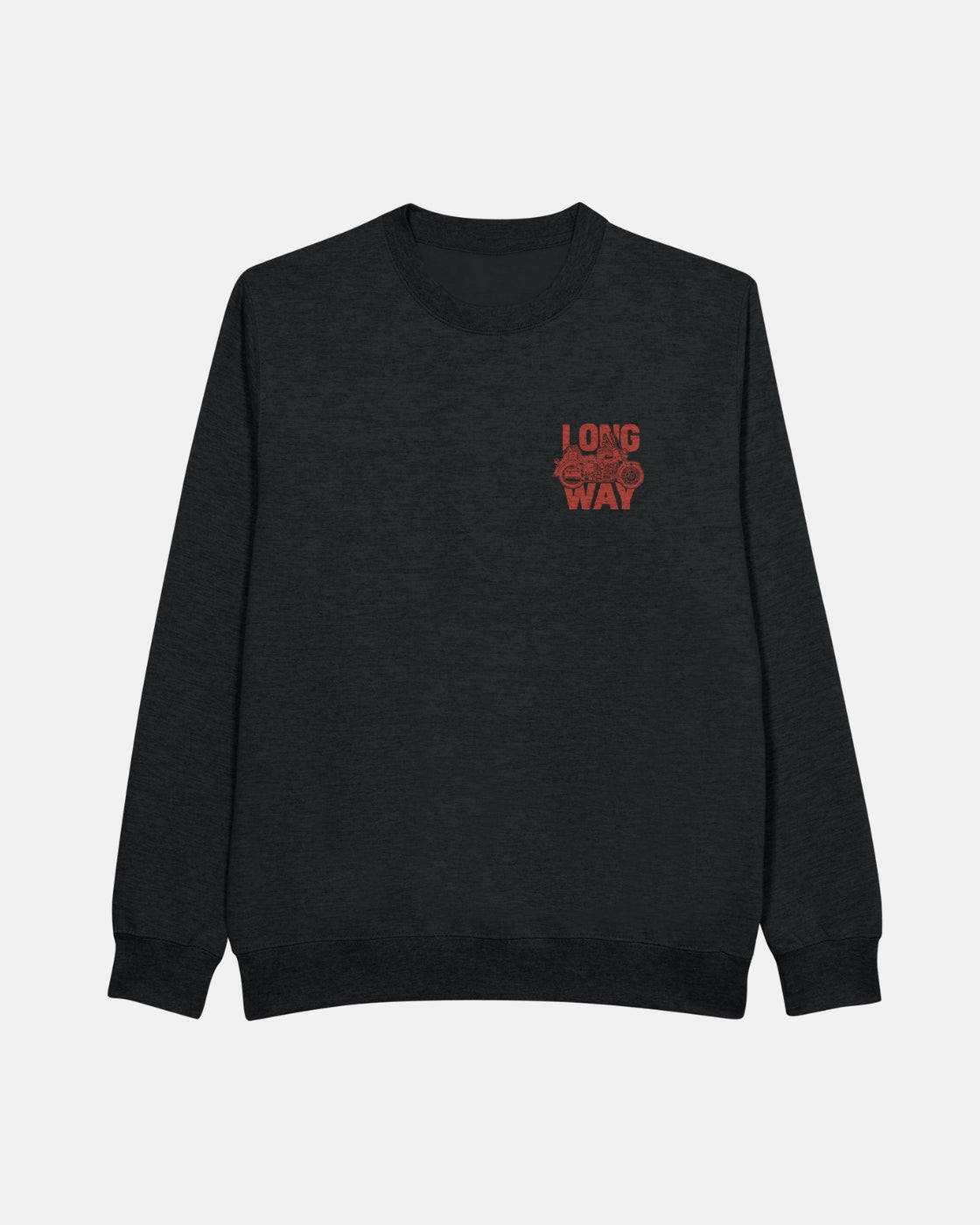 The Long Way Shop offers the Long Way Bike Black Sweatshirt, a premium unisex crewneck made to order in the USA and Canada, featuring red "LONG WAY" text on the upper left chest.
