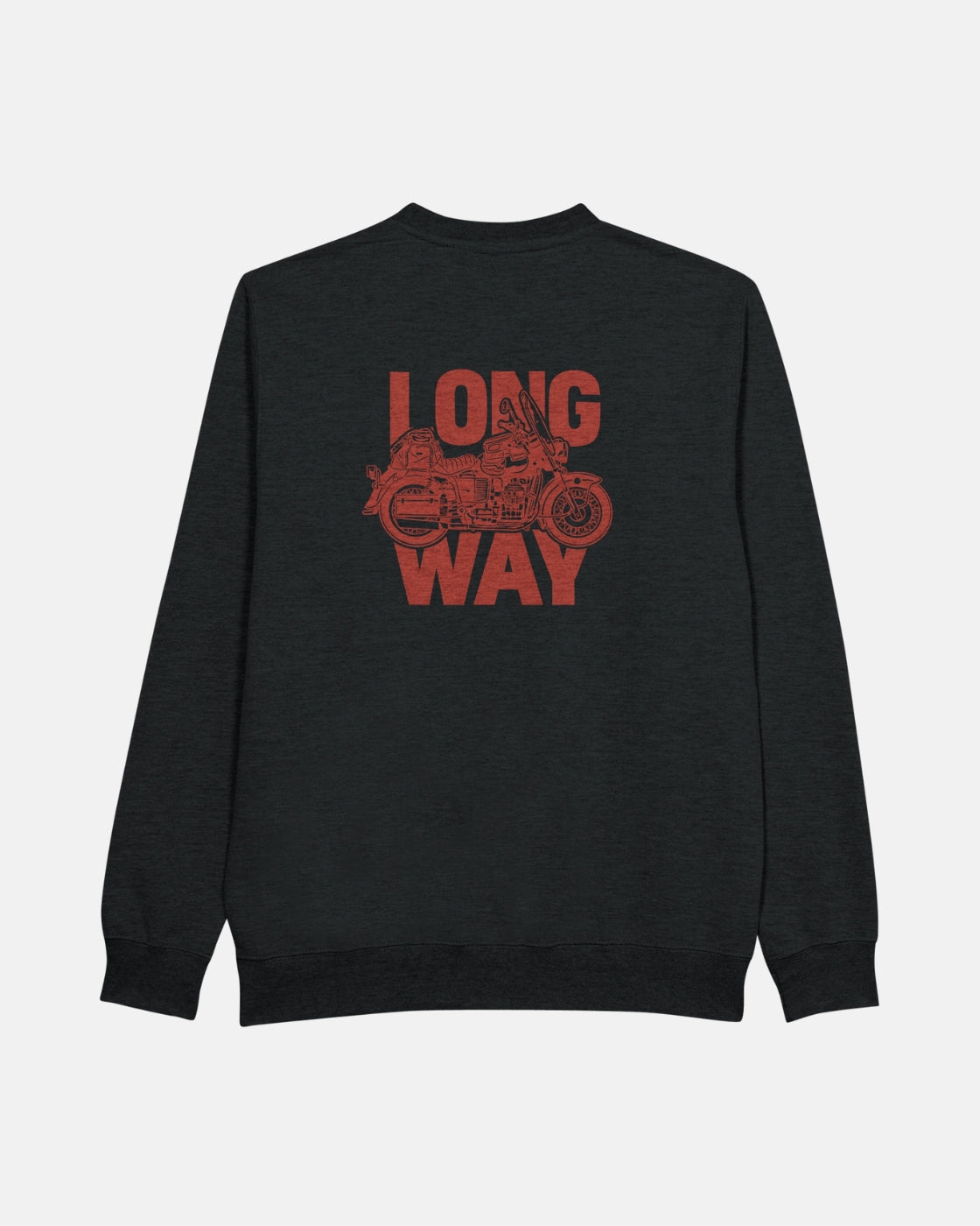 The Long Way Shop’s Long Way Bike Black Sweatshirt is a comfortable, made-to-order unisex crewneck with a black base and a red motorcycle and rider between bold LONG WAY lettering on the back.