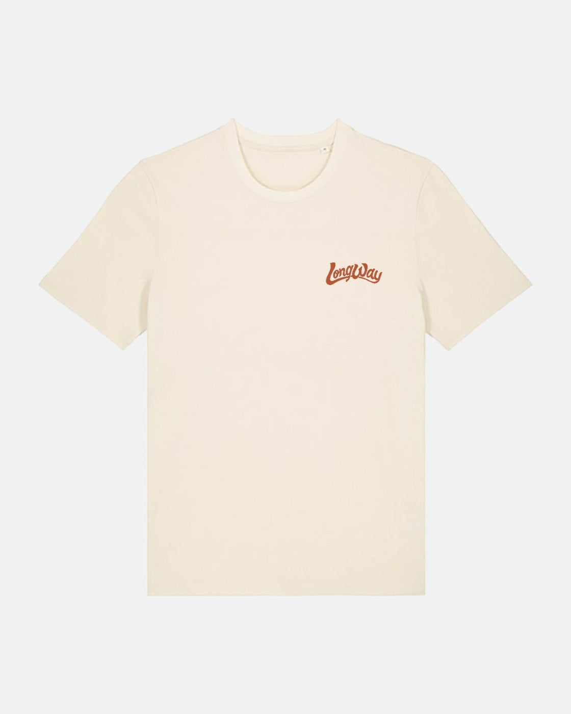 The Long Way Shop’s Long Way Duo Bike Heavy Weight Standard T-Shirt is a plain off-white tee with “LongDay” in small orange script on the left chest, shown against a white background.