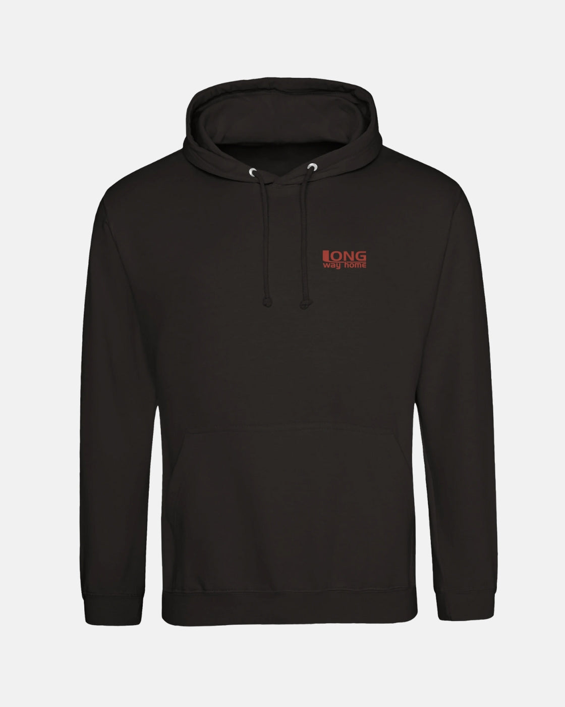 The Long Way Shop's Long Way Bike Black Hoodie is a unisex, ringspun cotton hoodie with a front pocket and drawstrings. It features small red "LONG way home" text on the left chest. Background: light gray.