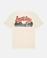 The Long Way Shops cream-colored Long Way Duo Bike Heavy Weight Standard T-Shirt features LongWay in bold red above a black sketch of two motorcycles with luggage, printed on the back for both style and comfort.