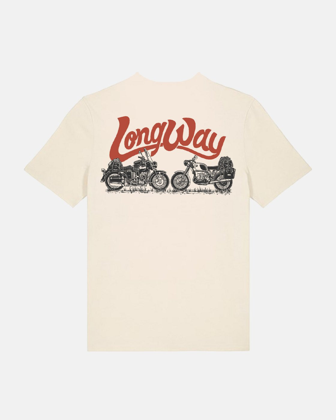 The Long Way Shops cream-colored Long Way Duo Bike Heavy Weight Standard T-Shirt features LongWay in bold red above a black sketch of two motorcycles with luggage, printed on the back for both style and comfort.