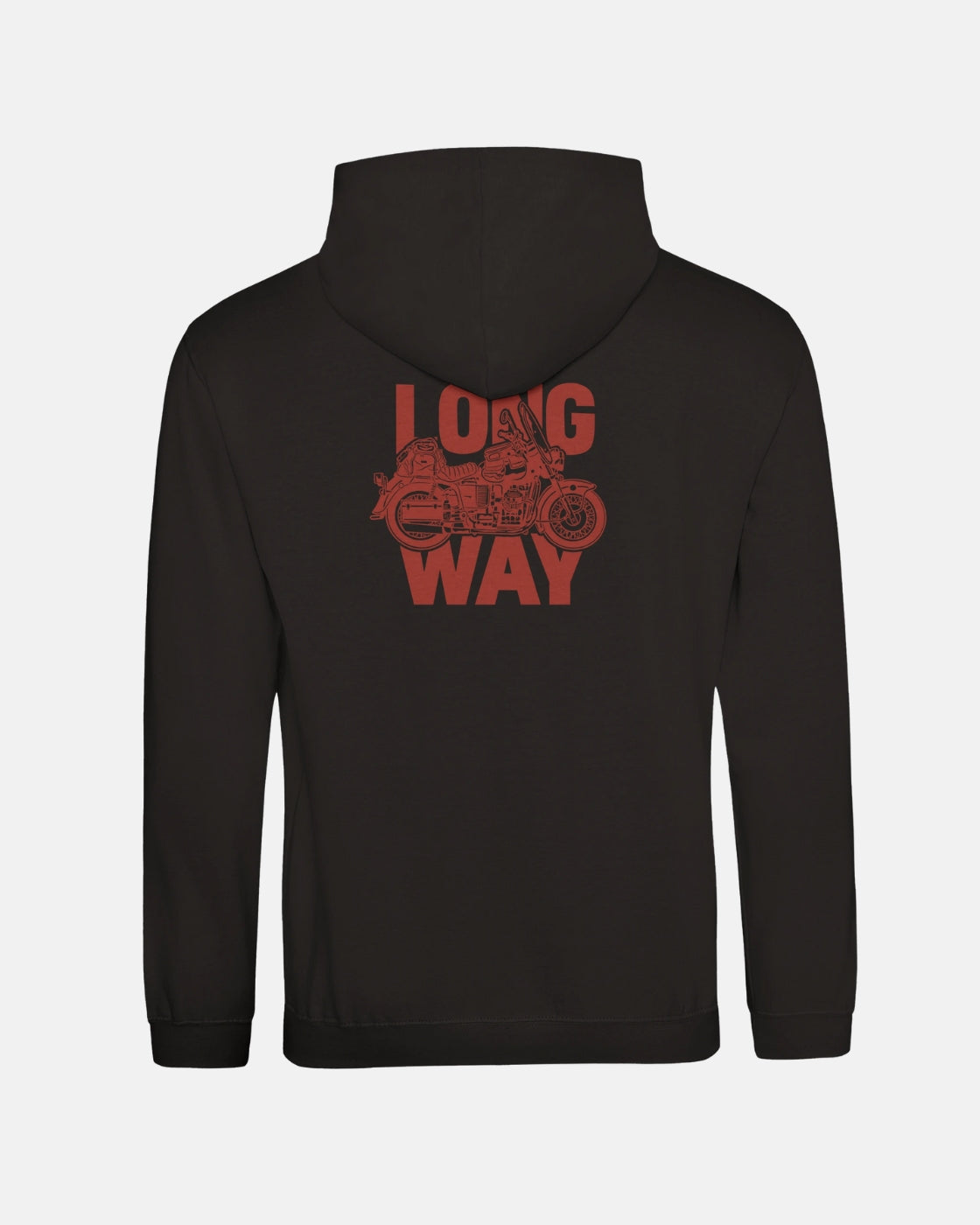 The Long Way Shop’s Long Way Bike Black Hoodie features soft ringspun cotton, a bold red motorcycle graphic and “LONG WAY” text on the back—this unisex hoodie is perfect for everyday comfort and style.