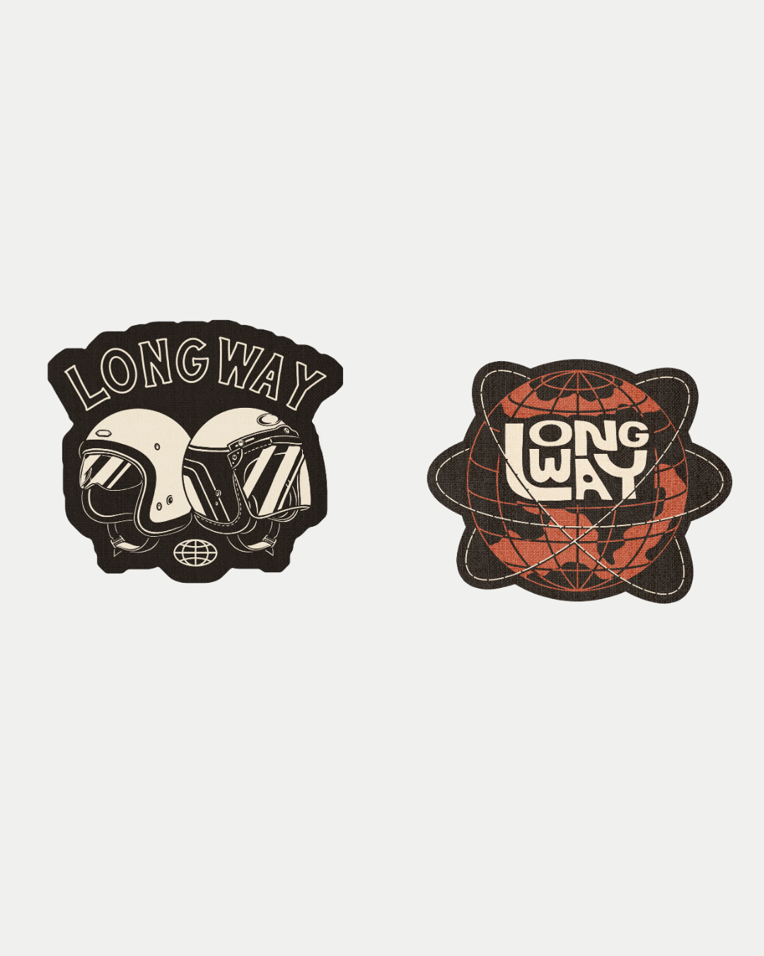 Two embroidered Long Way Shop Patches: one with two helmets and "LONG WAY" above, the other featuring "LONG WAY" over a red globe. Both are perfect adventure Patch additions for your collection.