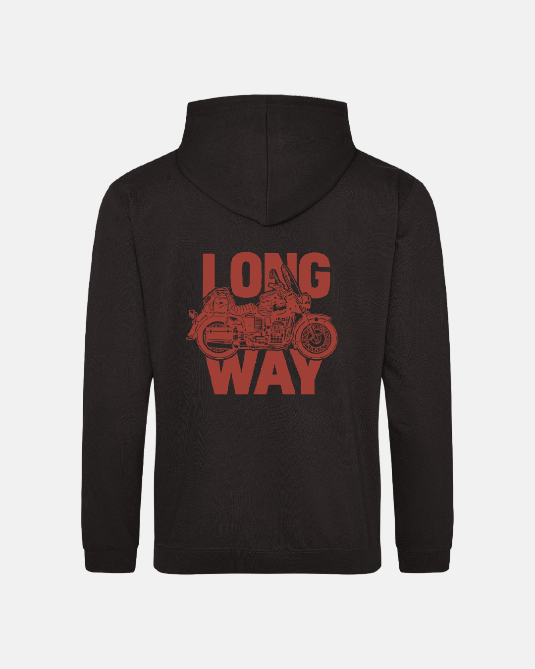 The Long Way Bike Black Hoodie by Long Way Shop features a bold red motorcycle graphic and the words LONG WAY above and below on the back.