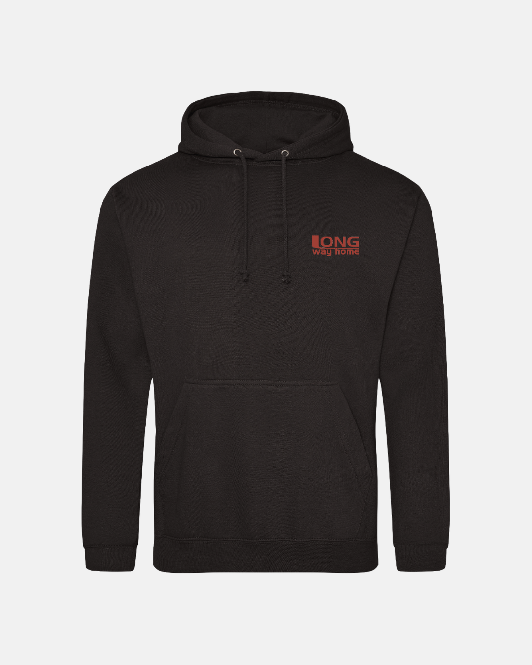 The Long Way Shop's Long Way Bike Black Hoodie features a front pocket, drawstrings, and "LONG way home" in small red letters on the left chest.