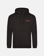 The Long Way Shop's Long Way Bike Black Hoodie features a front pocket, drawstrings, and 