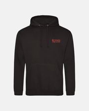 The Long Way Shop's Long Way Bike Black Hoodie features a front pocket, drawstrings, and "LONG way home" in small red letters on the left chest.