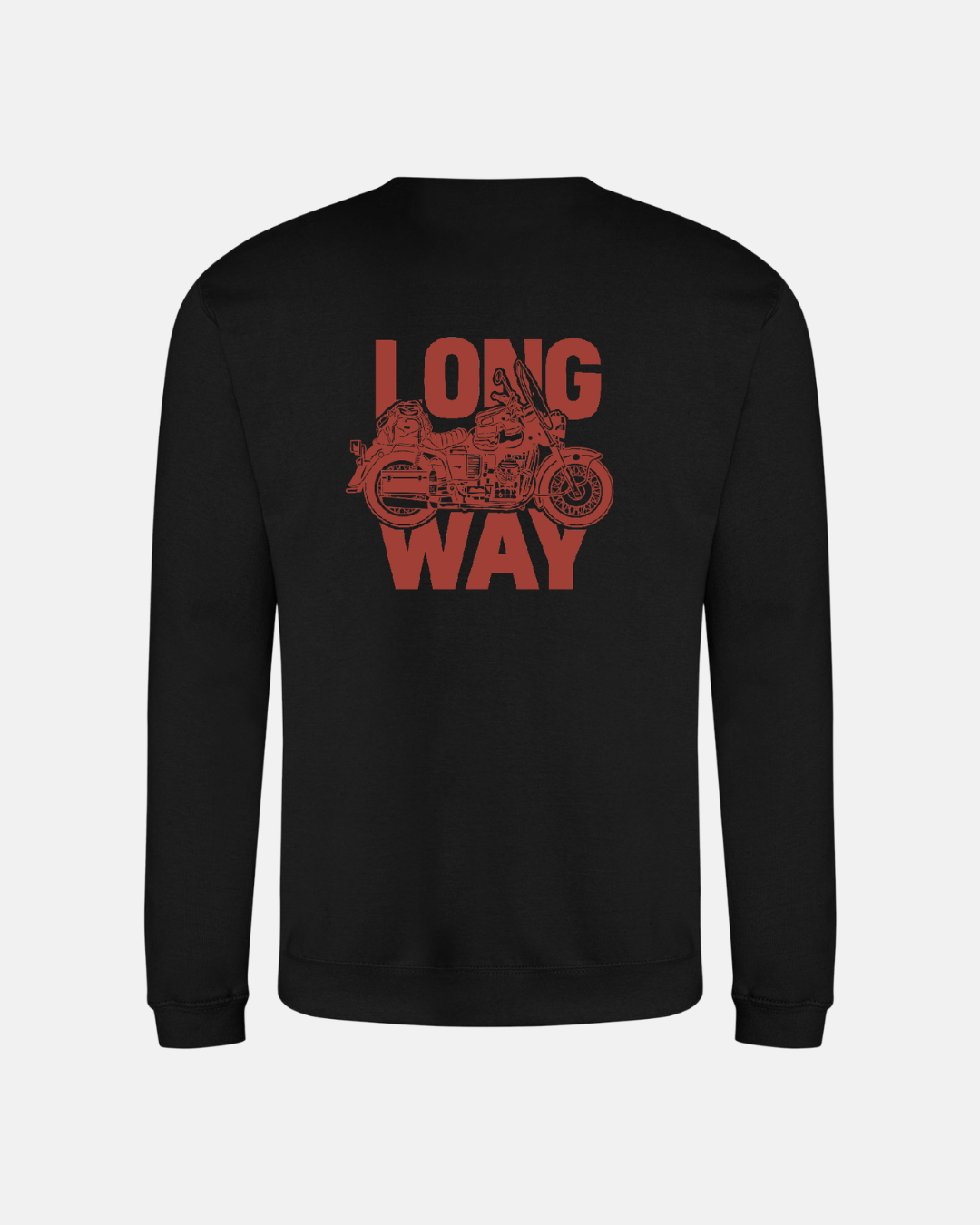 The Long Way Shop’s Long Way Bike Black Sweatshirt features soft ringspun cotton and a striking red motorcycle graphic with bold LONG WAY text—a must-have for every rider.