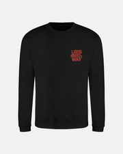 The Long Way Shop Long Way Bike Black Sweatshirt is a plain black crewneck in soft ringspun cotton, with "LONG WAY" and a circular graphic in red on the left chest. Ribbed cuffs and hem ensure a classic fit.