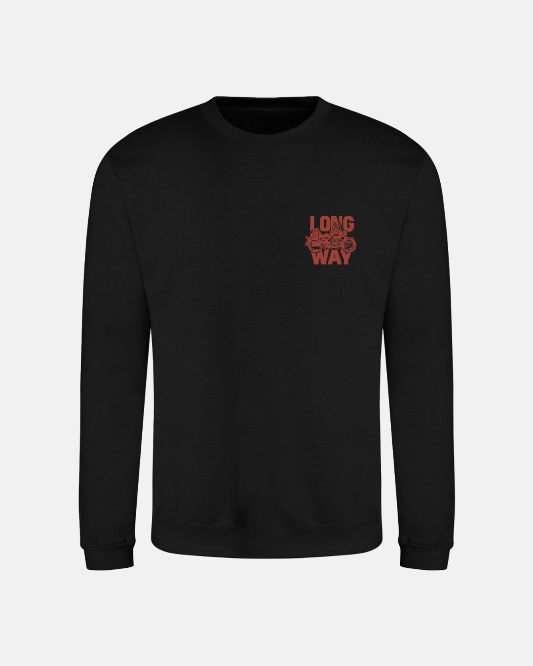 The Long Way Shop Long Way Bike Black Sweatshirt is a plain black crewneck in soft ringspun cotton, with "LONG WAY" and a circular graphic in red on the left chest. Ribbed cuffs and hem ensure a classic fit.