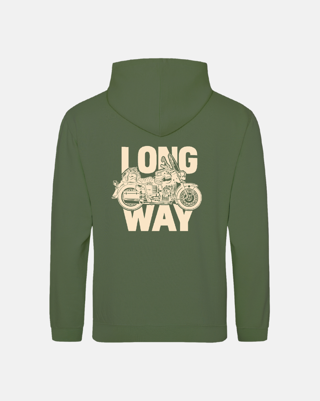 The Long Way Bike Green Hoodie from Long Way Shop features an olive green color, a detailed motorcycle graphic on the back, and bold beige "LONG WAY" text—ideal for riders and enthusiasts.