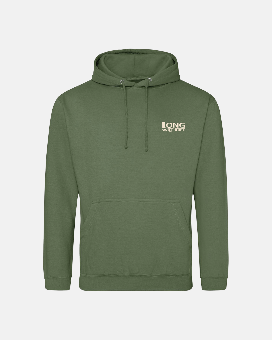 The Long Way Bike Green Hoodie by Long Way Shop features a front pocket, drawstrings, and a small white "LONG way home" logo on the chest—perfect for everyday comfort and casual style.