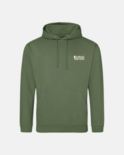 The Long Way Bike Green Hoodie by Long Way Shop features a front pocket, drawstrings, and a small white "LONG way home" logo on the chest—perfect for everyday comfort and casual style.