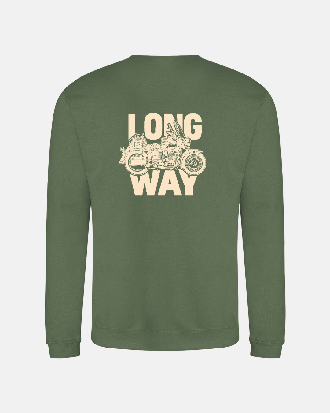 The Long Way Shop's Long Way Bike Green Sweatshirt features an olive green color and a beige graphic of a motorcycle and rider on the back, with “LONG WAY” in bold above and below—perfect for adventure fans.