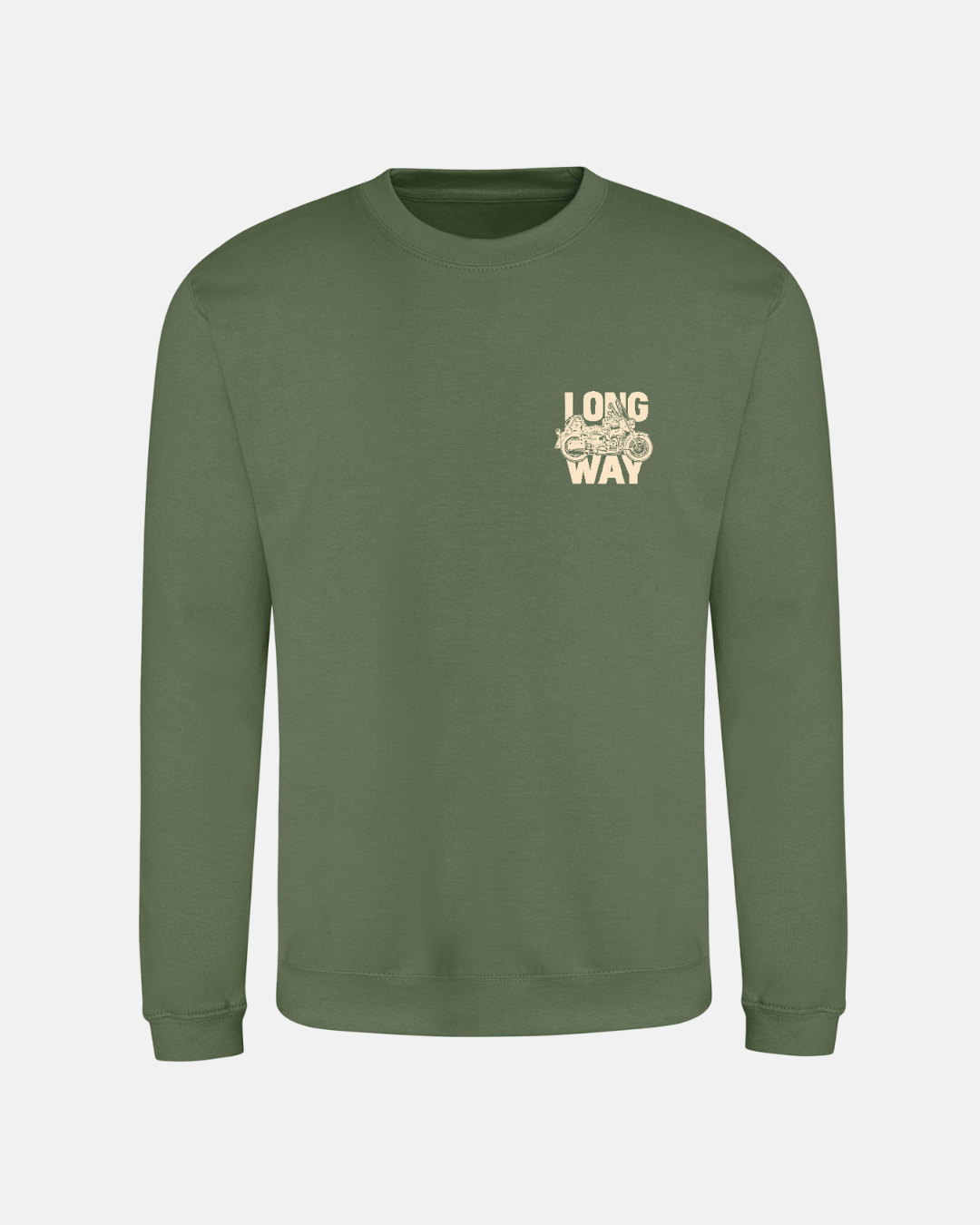 The Long Way Shop’s Long Way Bike Green Sweatshirt features an olive green crewneck with a subtle graphic and “LONG WAY” printed on the upper left chest—ideal for cycling or everyday style.