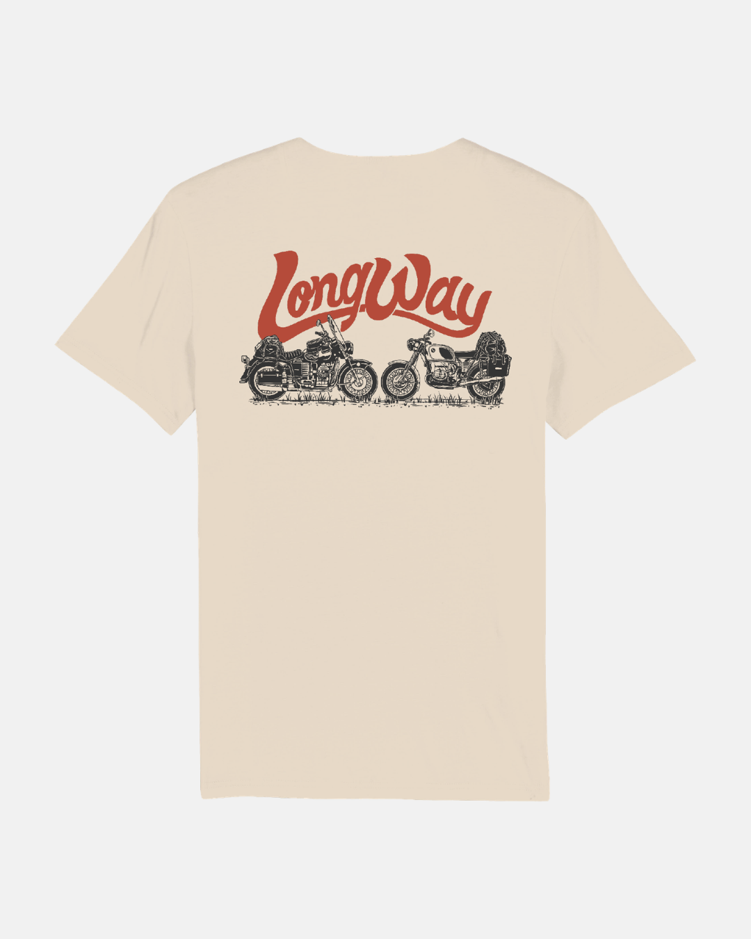 The Long Way Shop's Long Way Duo Bike Heavy Weight Standard T-Shirt is an adventure-ready, beige tee with bold red "Long Way" script and two detailed black Duo Bike illustrations on the back.