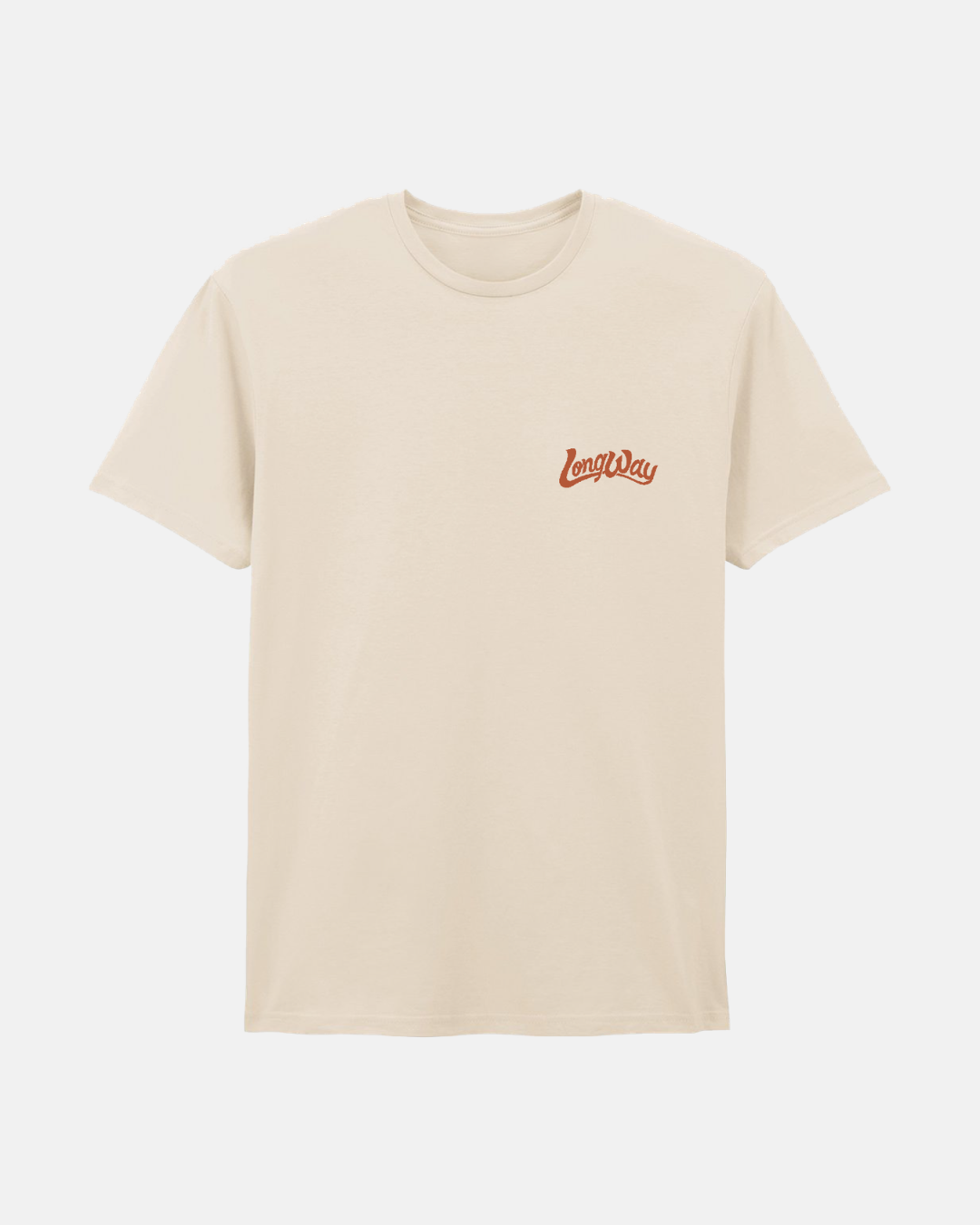 The Long Way Shop's Long Way Duo Bike Heavy Weight Standard T-Shirt is a plain, off-white tee featuring "LongDay" in small red script on the left chest—adventure-ready and displayed against a white background.