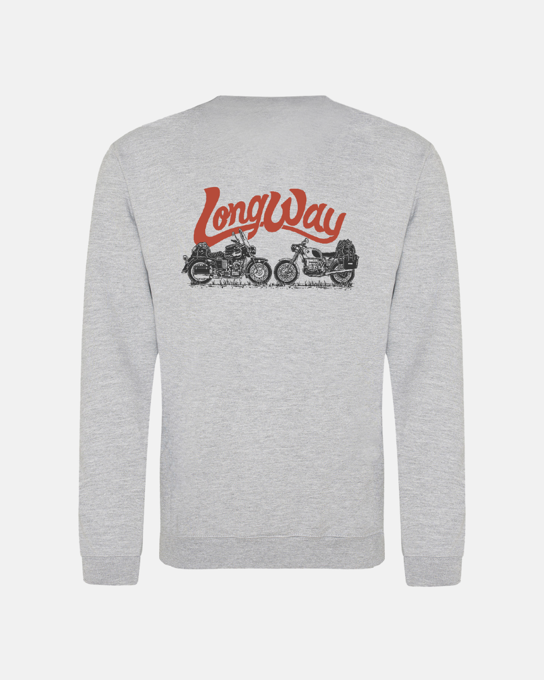 The Long Way Shop Long Way Duo Bike Grey Sweatshirt features "Long Way" in bold red script above a black sketch of two motorcycles, inspired by the Long Way Duo. Made of soft ringspun cotton and pictured from the rear on a white backdrop.