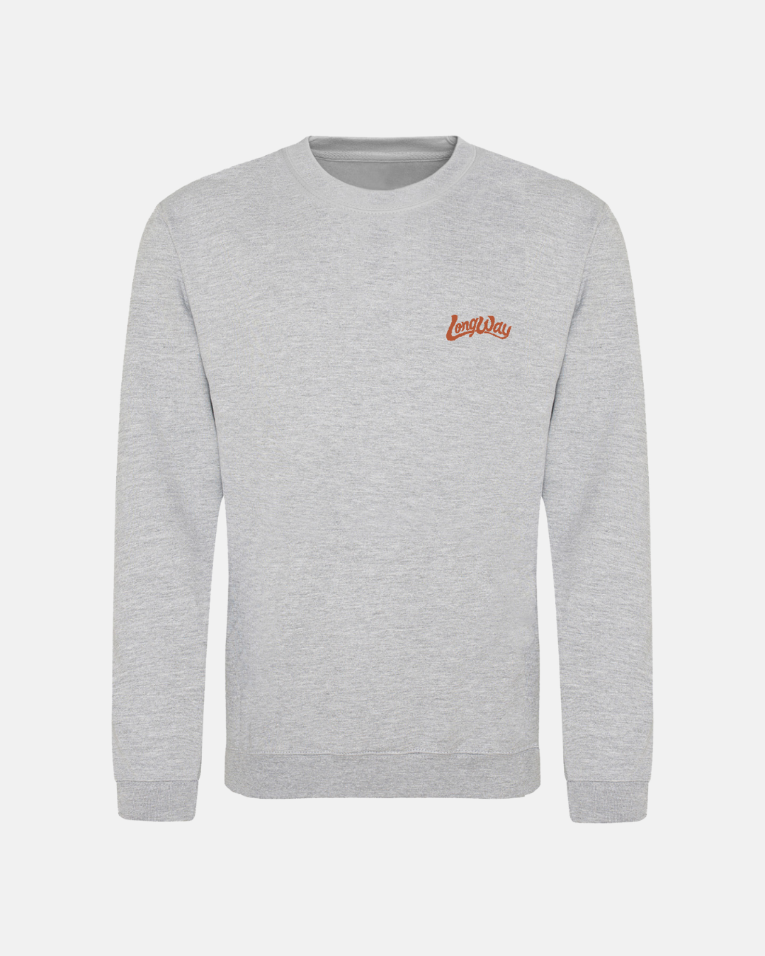 The Long Way Duo Bike Grey Sweatshirt by Long Way Shop features soft ringspun cotton, long sleeves, and a small red “longway” embroidered script logo on the upper left chest. Shown against a plain white background.