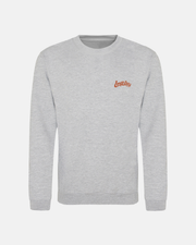 The Long Way Duo Bike Grey Sweatshirt by Long Way Shop features soft ringspun cotton, long sleeves, and a small red “longway” embroidered script logo on the upper left chest. Shown against a plain white background.