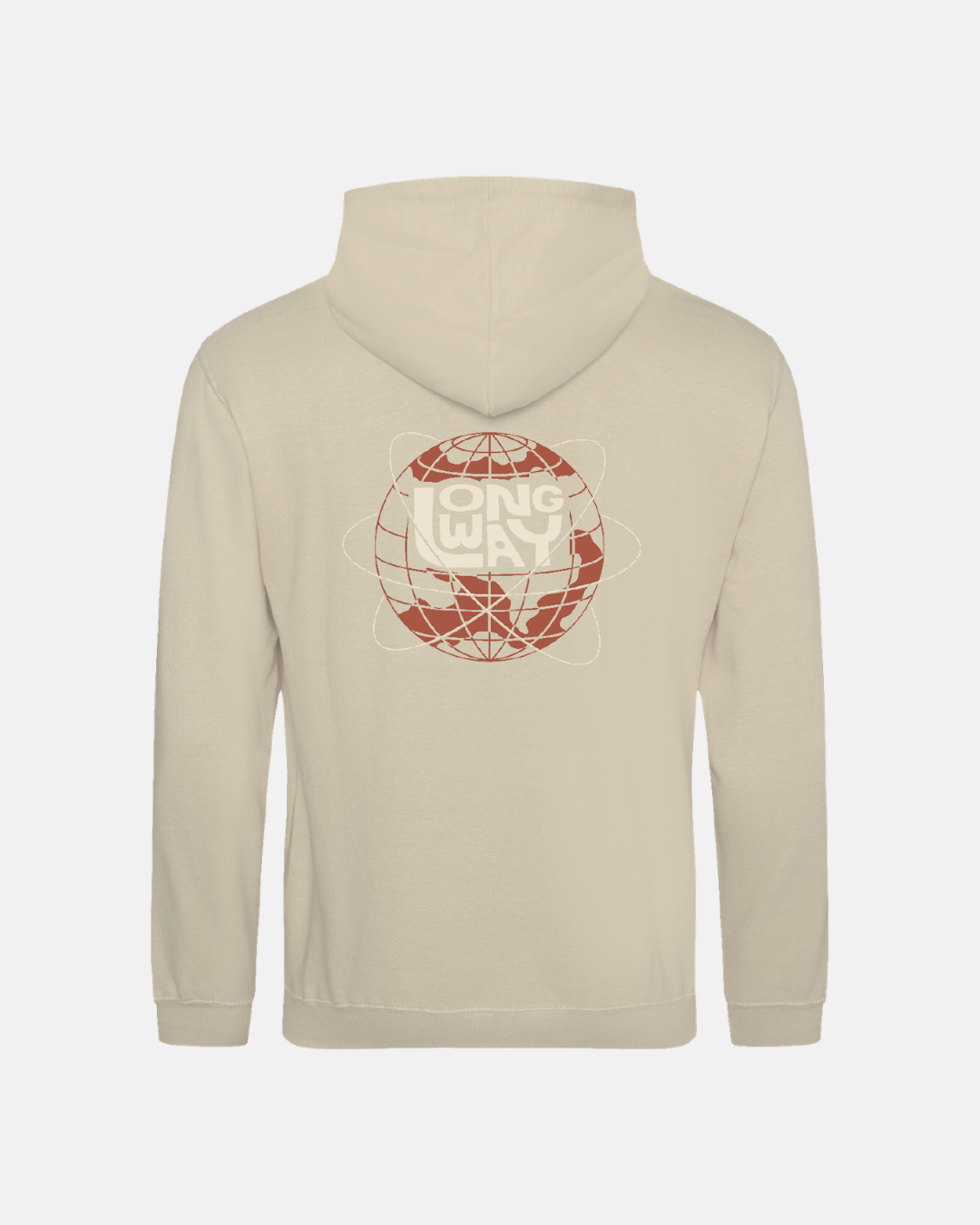 The Long Way Shop’s beige Long Way Globe Sand Hoodie, shown from the back, displays a red globe graphic with “LONG WAY” across the center. This unisex hoodie is made from soft ringspun cotton for comfort all day.