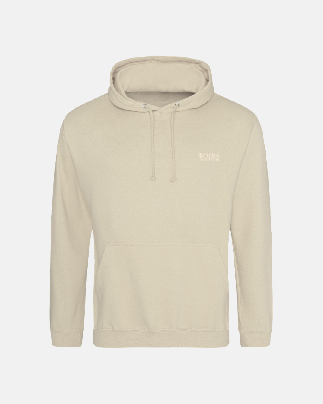 The Long Way Shop's Long Way Globe Sand Hoodie is a beige Ringspun cotton hoodie with a front pocket, drawstring hood, and small white "BONG" text on the left chest, shown against a plain white background.