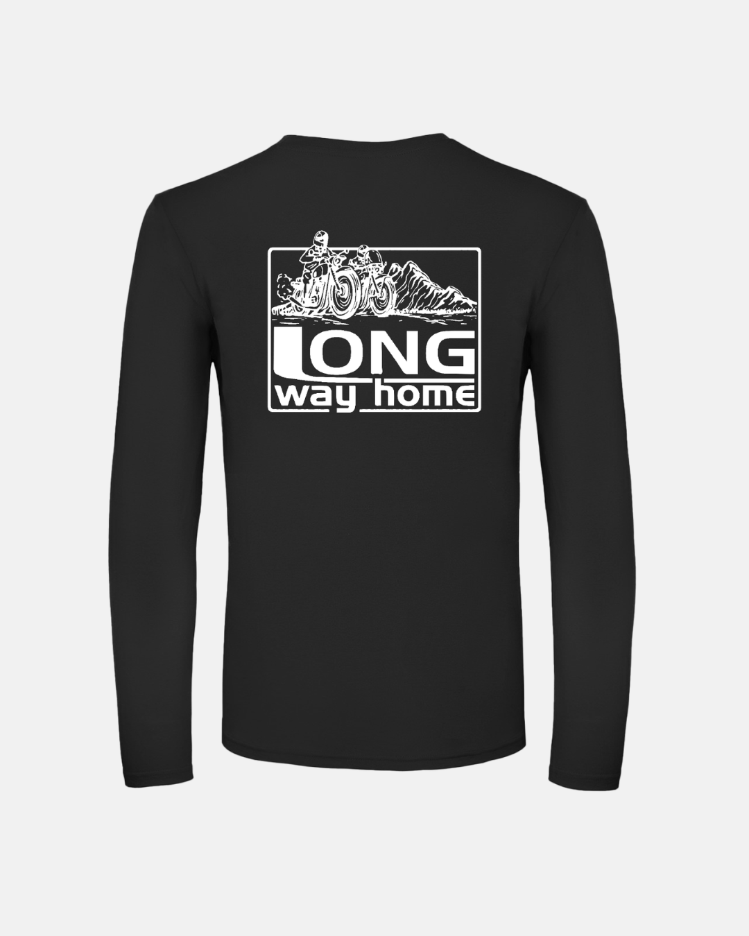 The Long Way Shop's Long Way Mountain Bike Long Sleeve Black T-Shirt features a white back graphic with a motorcycle, mountains, and bold "LONG WAY HOME" text.