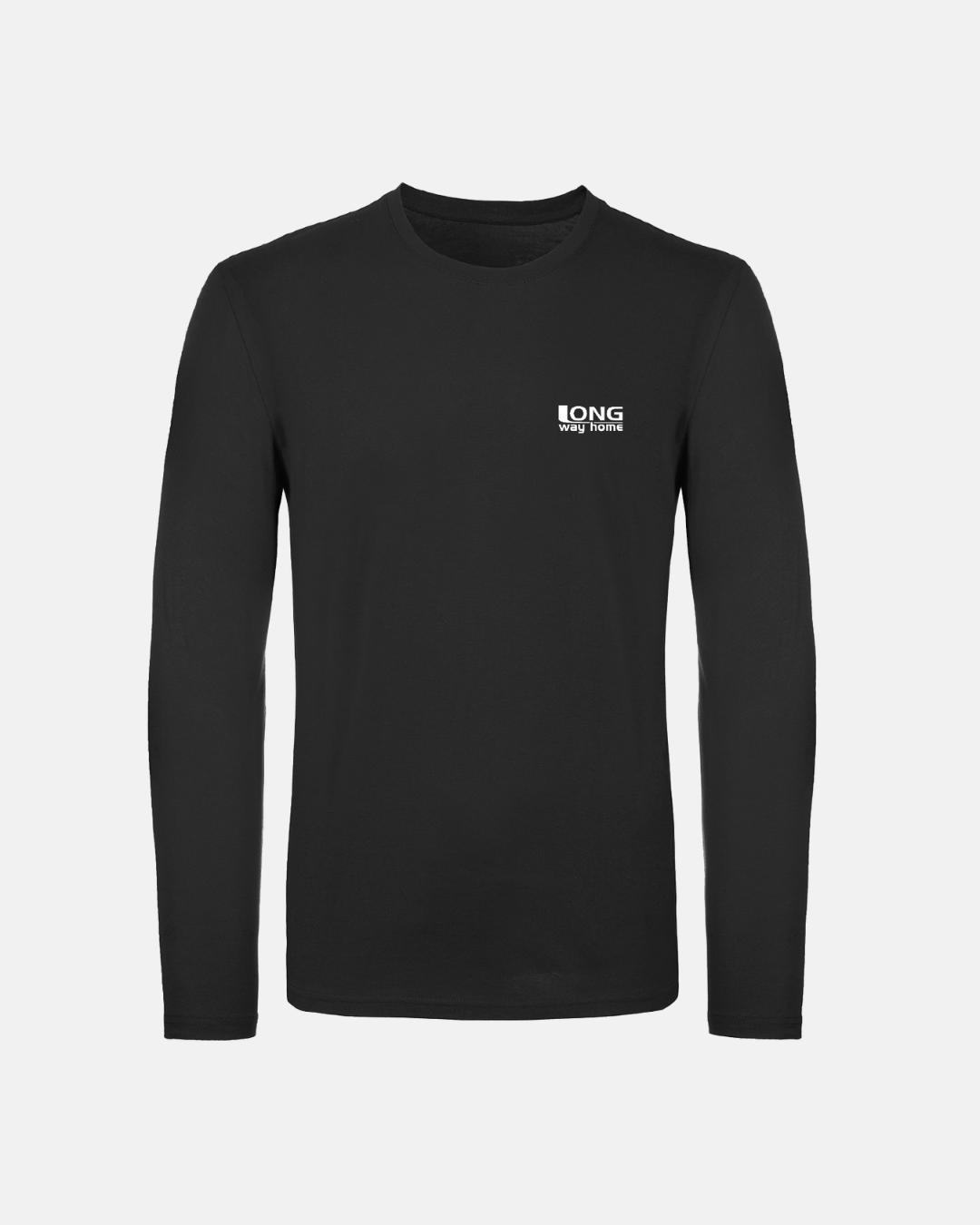 The Long Way Mountain Bike Long Sleeve Black T-Shirt from Long Way Shop features a small white LONG logo with text on the left chest, ideal for mountain bike enthusiasts, showcased on a light gray background.