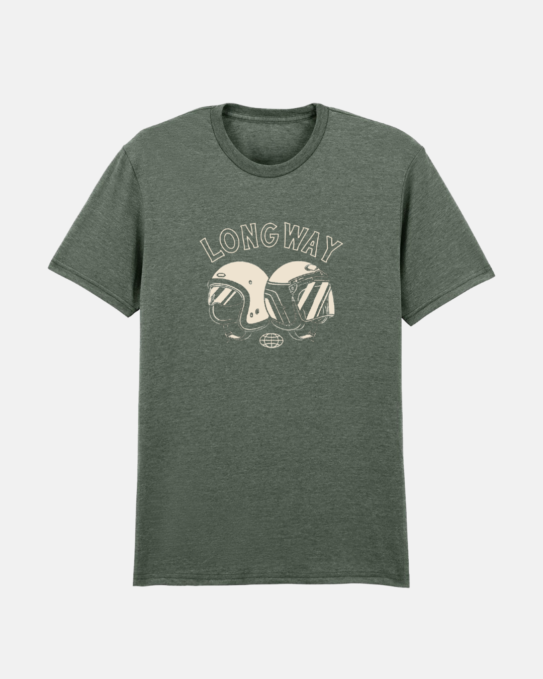 The Long Way Helmet Khaki Standard T-Shirt by Long Way Shop features two vintage motorcycle helmets with "LONGWAY" in bold above, giving a unique twist to a classic style—perfect for adventure lovers.