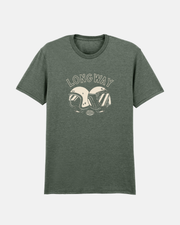 The Long Way Helmet Khaki Standard T-Shirt by Long Way Shop features two vintage motorcycle helmets with "LONGWAY" in bold above, giving a unique twist to a classic style—perfect for adventure lovers.