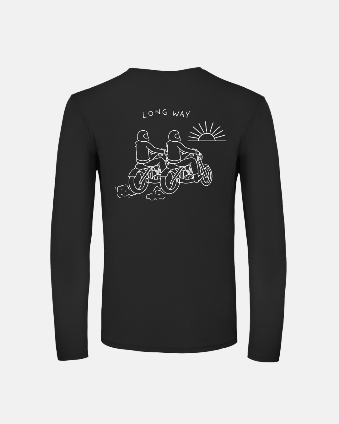 The Long Way Sun Bike Long Sleeve Black T-Shirt by Long Way Shop features soft ringspun cotton and a white line drawing of two cyclists under a sun and "LONG WAY"—ideal for fans of the bike adventure.