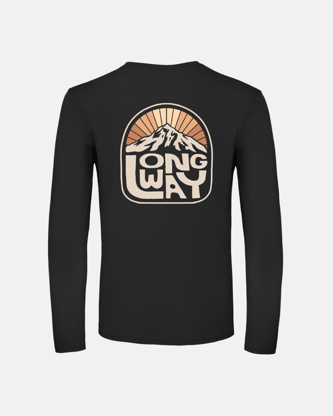 The Long Way Shop Long Way Sun Mountain Long Sleeve T-Shirt is made of black ringspun cotton and features a back graphic with a sun, mountain, and bold "LONG WAY" lettering.
