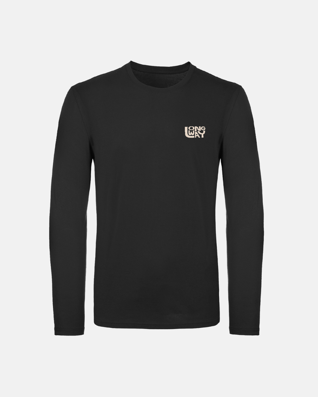 The Long Way Sun Mountain Long Sleeve T-Shirt by Long Way Shop features soft ringspun cotton, a small white LONG WAY logo on the left chest, and is shown on a plain white background.
