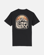 The Long Way Sun Mountain Standard T-Shirt by Long Way Shop features a retro mountain and sun graphic with “LONG WAY” on the back, made from soft combed ringspun cotton. Refer to our Size Guide for your best fit.