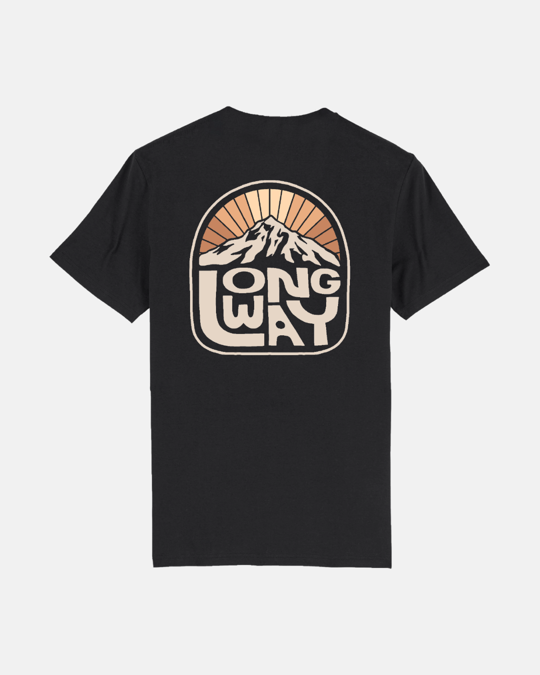 The Long Way Sun Mountain Standard T-Shirt by Long Way Shop features a retro mountain and sun graphic with “LONG WAY” on the back, made from soft combed ringspun cotton. Refer to our Size Guide for your best fit.